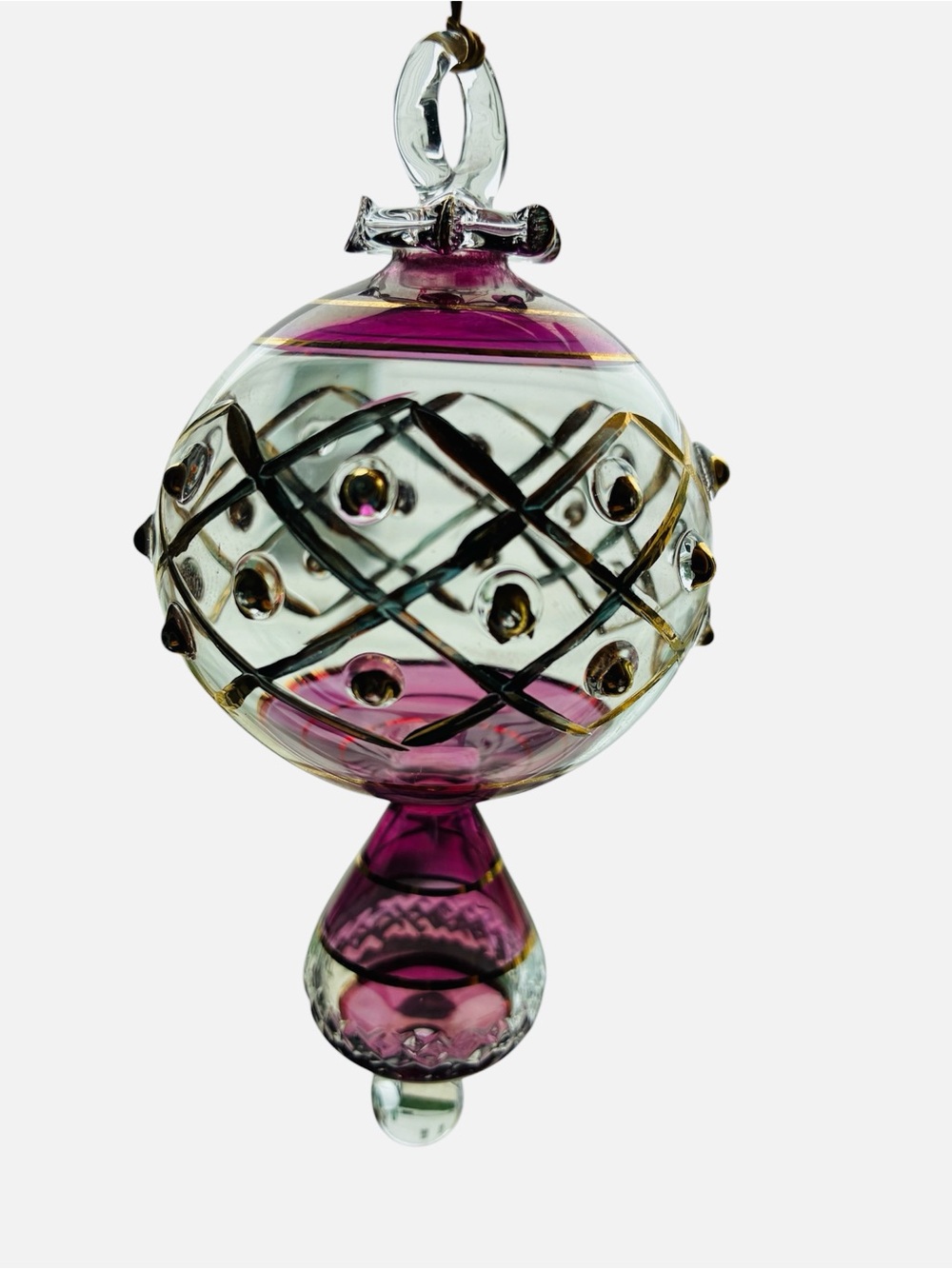 Hand-Blown Made In Egypt Glass Ornament in Purple 22K Gold Trim